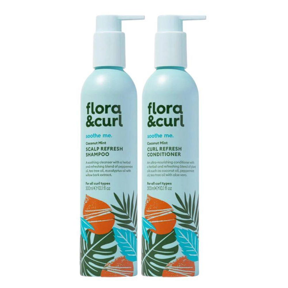 Flora & Curl Kokosnuss Minze Erfrischendes Kopfhaut-Reinigungsduo